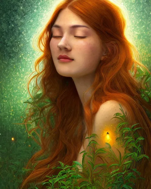 Image similar to a young woman, admiring the lights of golden fireflies, sitting in the midst of nature fully covered, long loose red hair, intricate linework, green eyes, small nose with freckles, oval shape face, soft happy smile, realistic, expressive emotions, mystical scene, hyper realistic ultrafine detailed illustration by james jean, albert bierstadt and artgerm