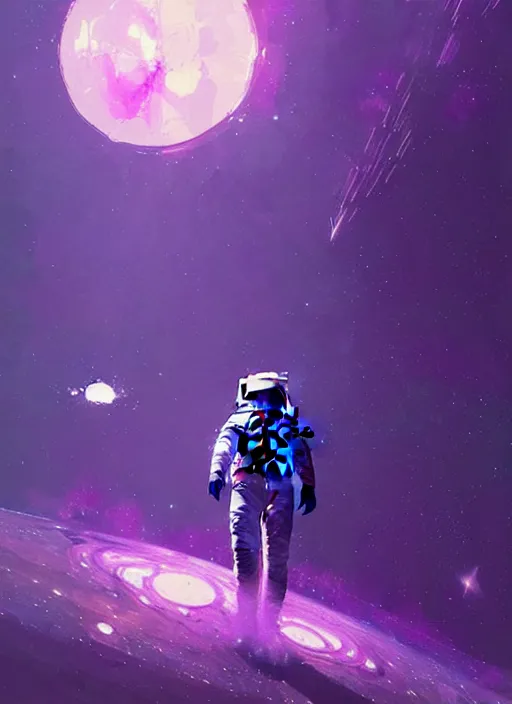 Image similar to sci - fi art, astronaut watching earth from space, purple nebula in the background, art by ismail inceoglu