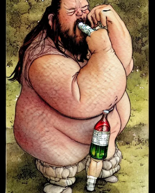 Image similar to a realistic and atmospheric watercolour fantasy character concept art portrait of a fat, chibi qui - gon jinn drinking out of a bottle with pink eyes wearing a wife beater. by rebecca guay, michael kaluta, charles vess and jean moebius giraud