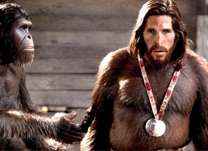 Image similar to film still of Christian Bale as George Taylor in Planet of the Apes 1968