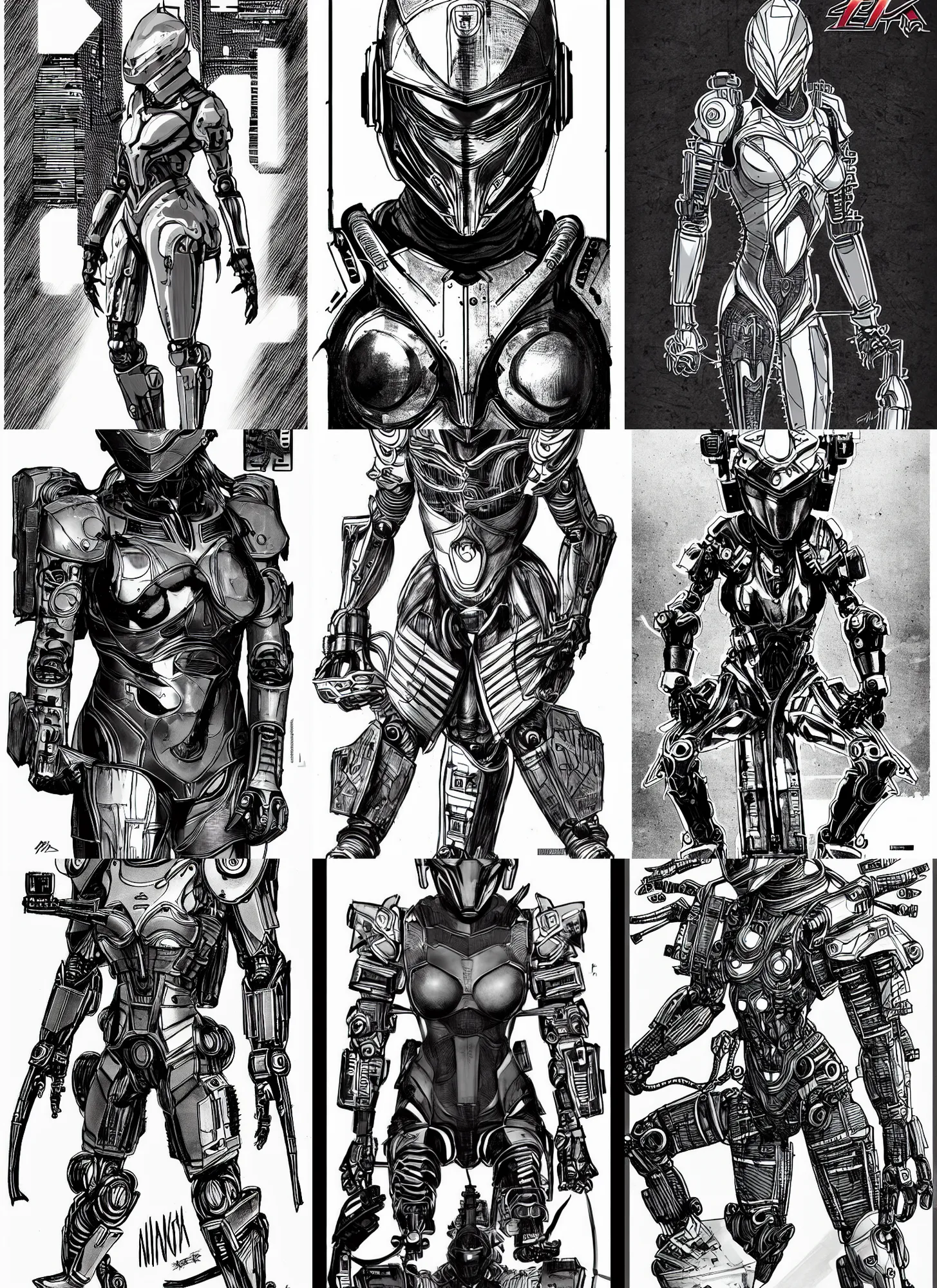 Prompt: combat ninja robot designed by jony ive, combat stance, warframe art, feminine proportions, detailed helmet, portrait, cyberpunk 2 0 2 0 manual, by steampoweredmikej, by tim bradstreet, inktober, ink drawing, black and white, coloring pages, manga, highly detailed