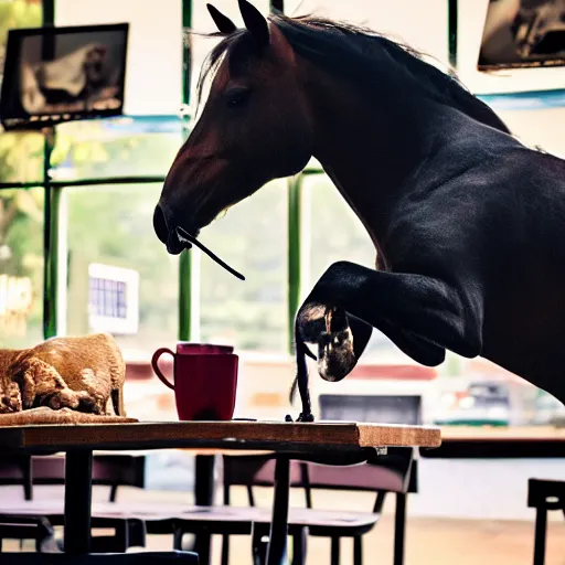 Prompt: a photo of a horse picking its nose, while in a cafe