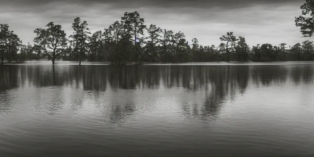 Image similar to centered photograph of a infintely long rope zig zagging across the surface of the water into the distance, floating submerged rope stretching out towards the center of the lake, a dark lake on a cloudy day, color film, trees in the background, hyper - detailed photo, anamorphic lens