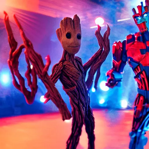 Image similar to groot and optimus prime dancing at techno party among people, wide shoot, after effect, ultra realistic