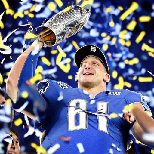 Image similar to detroit lions jared goff lifts up the lombardi trophy, confetti, 8 k sports photography