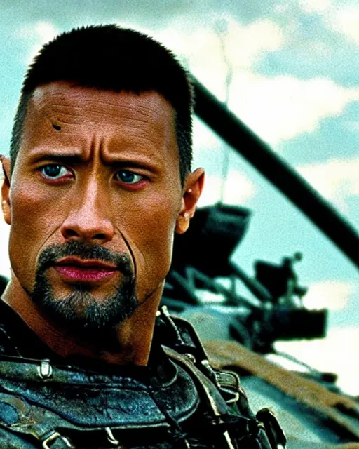 Image similar to film still close up shot of dwayne johnson as max rockatansky in the movie mad max 2 the road warrior. photographic, photography