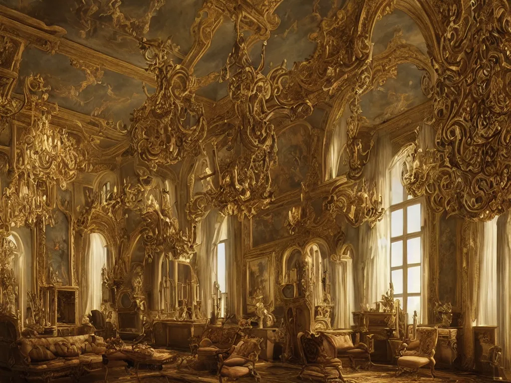 Prompt: a realistic grand gothic rococo salon with a frescoed ceiling painted with demons, warm lighting, fantasy, intricate, elegant, highly detailed, digital painting, artstation, concept art, matte, sharp focus, trompe - l'œil, volumetric light, art by willem kalf and jan philip van thielen