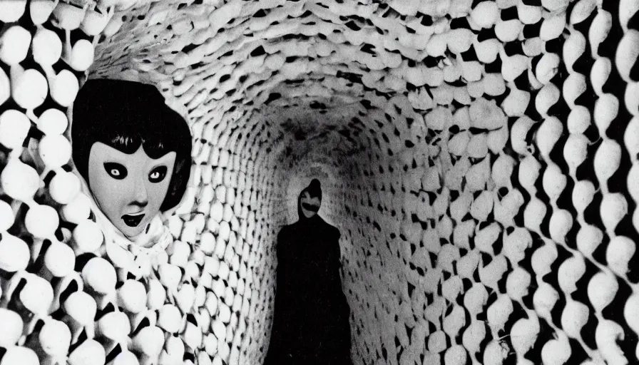 Image similar to 50s movie still close-up portrait of a white female japanese phantom with trypophobia mask in a liminal space style tunnel, early black and white 8mm, heavy grain, low quality,