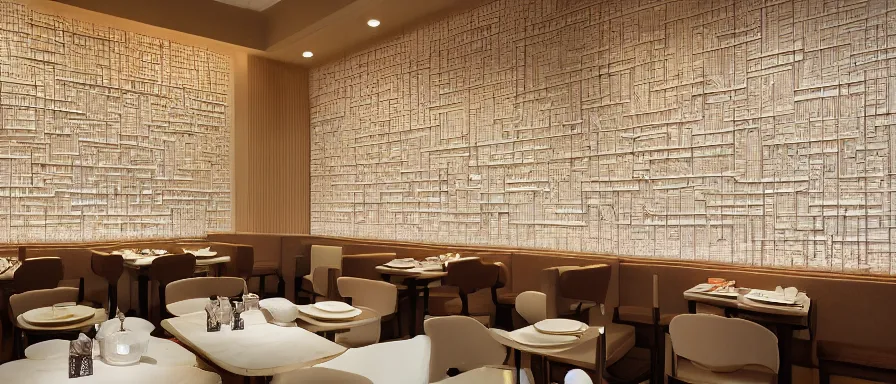 Image similar to a beautiful hyperdetailed interior render of roasted string hotpot restaurant restaurant yan'an, wall corner, from china, paper wall and white tile floor, with merchant logo, fine delicate structure, chinese style, simple composition, simple style structure decoration design, victo ngai, 4 k hd