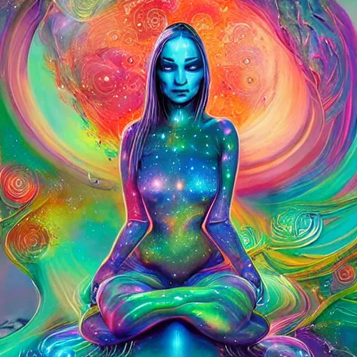 Image similar to a galaxy colored psychedelic chakra awakening kundalini ethereal portrait of kim petras with her eyes closed transcending to a higher plane of existence, eternal blessing, multiverse, by android jones, by ben ridgeway, visionary art, by artgerm, featured on artstation, cgsociety, by greg rutkowski