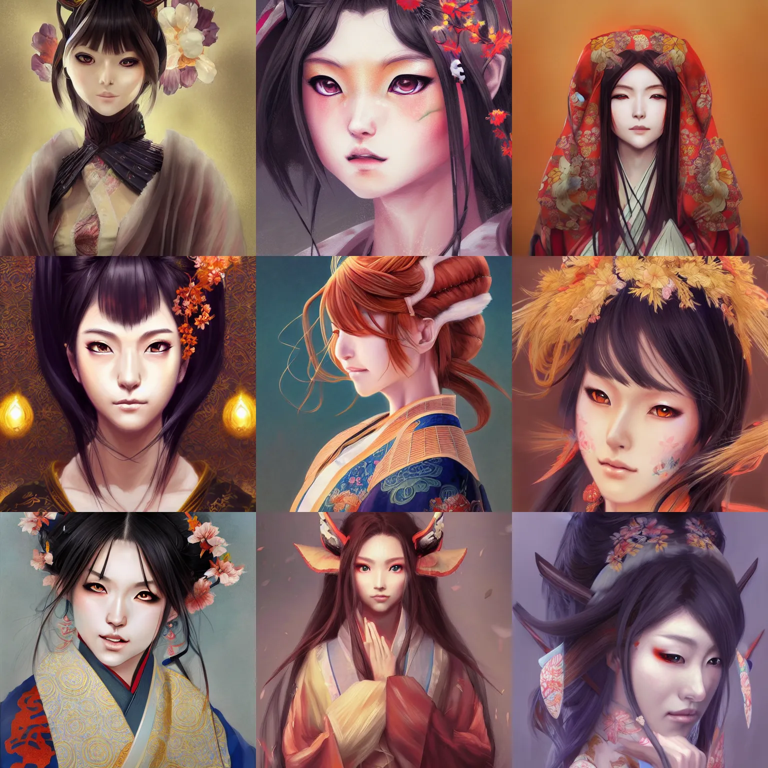 Prompt: A realistic anime portrait of a beautiful kitsune woman with a human face wearing a kimono, from Skyrim, digital painting, by Stanley Artgerm Lau, WLOP, and Rossdraws, digtial painting, trending on ArtStation, deviantart