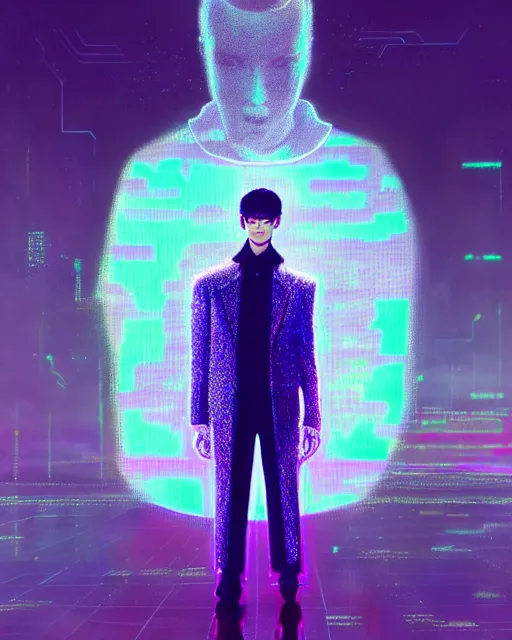 Prompt: detailed portrait of European Professional Fashion Male Model Sheen Holographic Jacket coat, Futuristic sci-fi fashion, royal attire Akira, Evangelion, cyberpunk, neotokyo, synthwave, aesthetics, futuristic, low-emission-neon, bladerunner movie scene by ismail inceoglu dragan bibin hans thoma greg rutkowski Alexandros Pyromallis Nekro Rene Margitte illustrated Perfect face, fine details, realistic shaded, fine-face, pretty face sharp chine