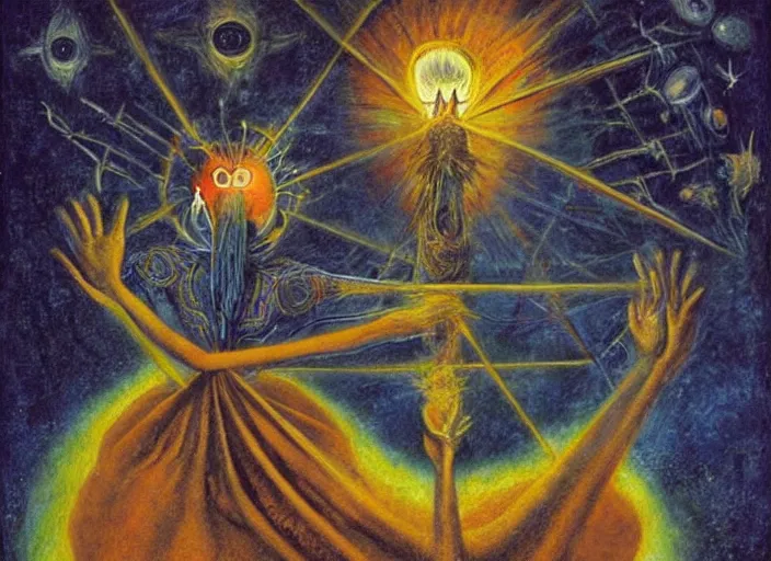 Prompt: a shaman! woman holding up the cosmic!!! universe, by remedios varo, reflection, symbolist, psychedelic colors, dramatic lighting, smooth, sharp focus, extremely detailed, aesthetically pleasing composition