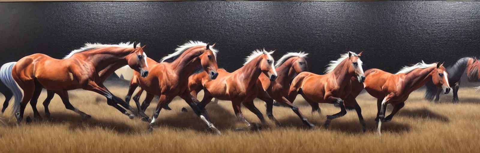 Image similar to lots of horses running through the canyon, hyper realistic, more details, they might be crawling, original oil on canvas painting by sydney mount