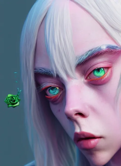 Prompt: Billie Eilish as Female Loki, beautiful facial symmetry, rose pink skin, very detailed, digital art, trending on artstation, smooth render, 8k octane render, digital illustration, by Katsuhiro Otomo and Shigeru Miyamoto and Ian Sprigger