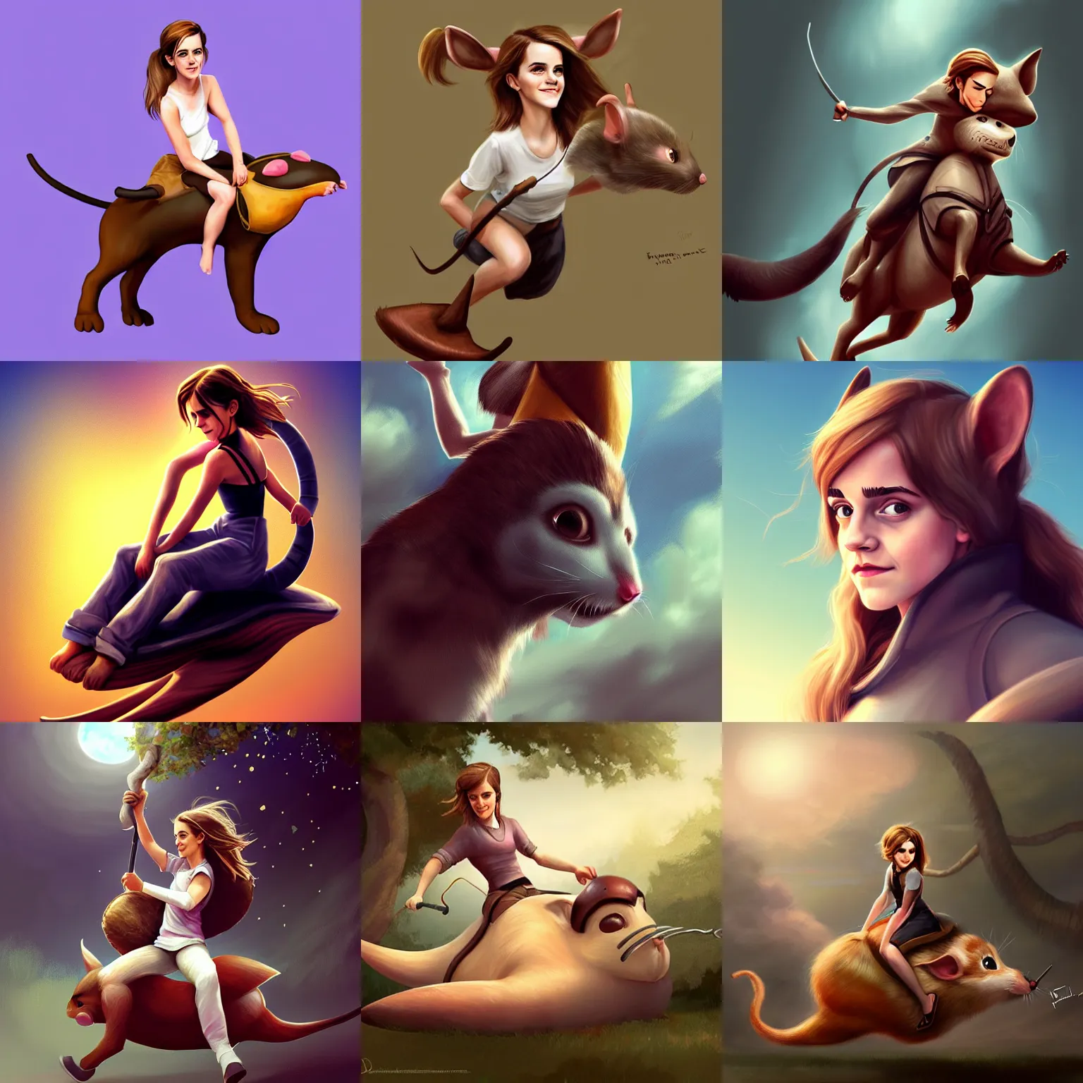 Prompt: emma watson riding a giant mouse, digital painting, artstation