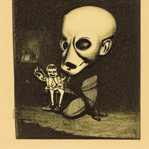 Image similar to dark attic with the man with a doll head, dark ,night