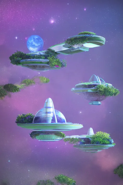 Image similar to multi level botanical garden spaceship floating in space, calm, tranquil, faded effect, detailed, vaporwave colors, render by substance designer