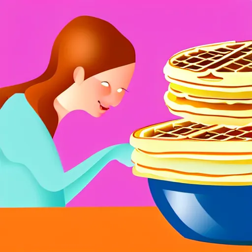 Prompt: book illustration of your mom making gigantic waffles, book illustration, vivid colors, white background