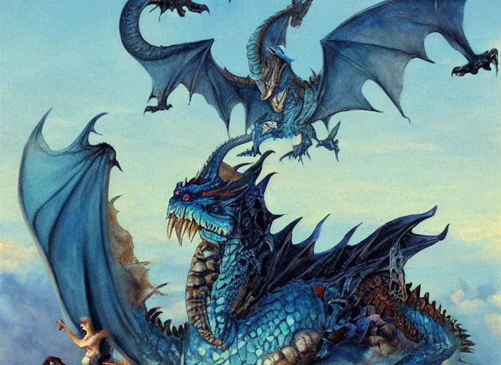 Image similar to giant old blue dragon with saddle in the sky artwork by sanjulian