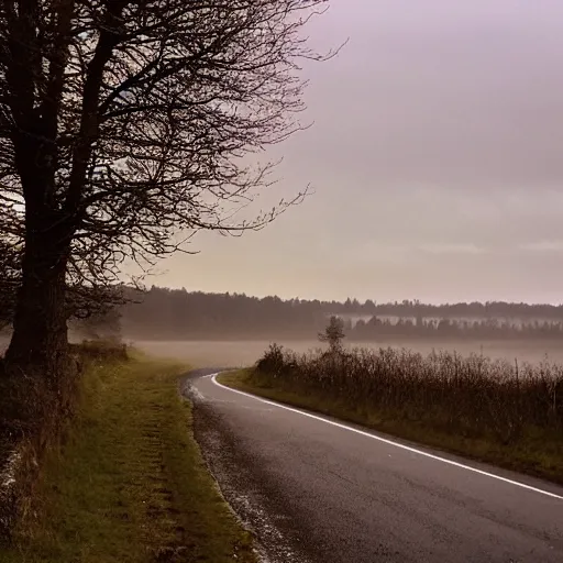 Image similar to Beautiful cameraphone, soft liminal Photograph of an estate road, early morning, small flat lake in the background