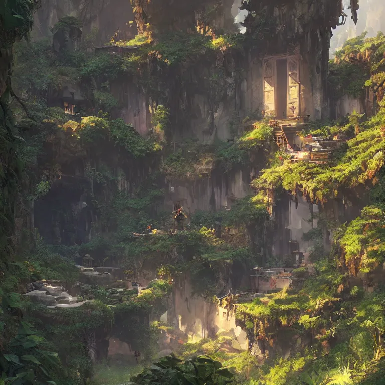 Prompt: secret overwatch living quarters carved inside a mountain surrounding a lush garden, trimmed, magical, natural light, cozy, fantasy, minimalist architecture, sharp focus, concept art, by greg rutkowski and craig mullins, atmospheric, octane render