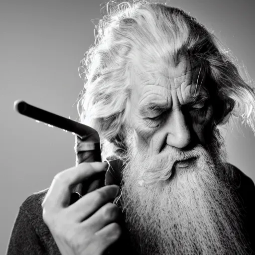 Image similar to a closeup black and white studio photographic portrait of gandalf smoking a long pipe, dramatic lighting