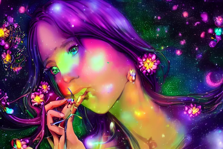 Image similar to psychedelic, whimsical, anime, 4k, beautiful lusty woman smoking weed, with professional makeup, long trippy hair, a crystal and flower dress, sitting on a reflective pool, surrounded by gems, underneath the stars, rainbow fireflies, trending on patreon, deviantart, twitter, artstation, volumetric lighting, heavy contrast, art style of Greg Rutkowski and Miho Hirano and Ross Tran