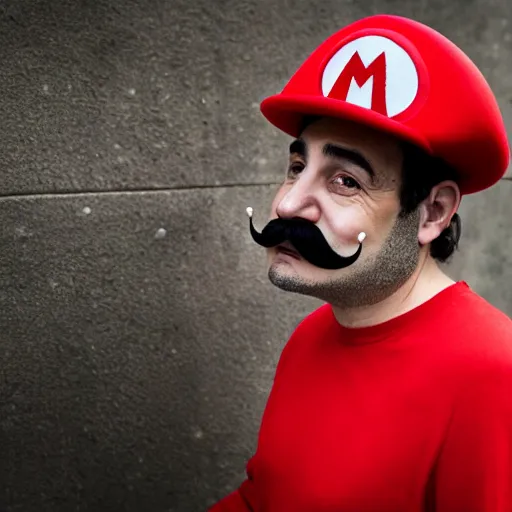 Image similar to an Italian man with a mustache dressed as Mario wearing a solid red Mario hat drooling, eyes rolled back, excited about a Magic Mushroom he just found 50mm lens, f1.8.