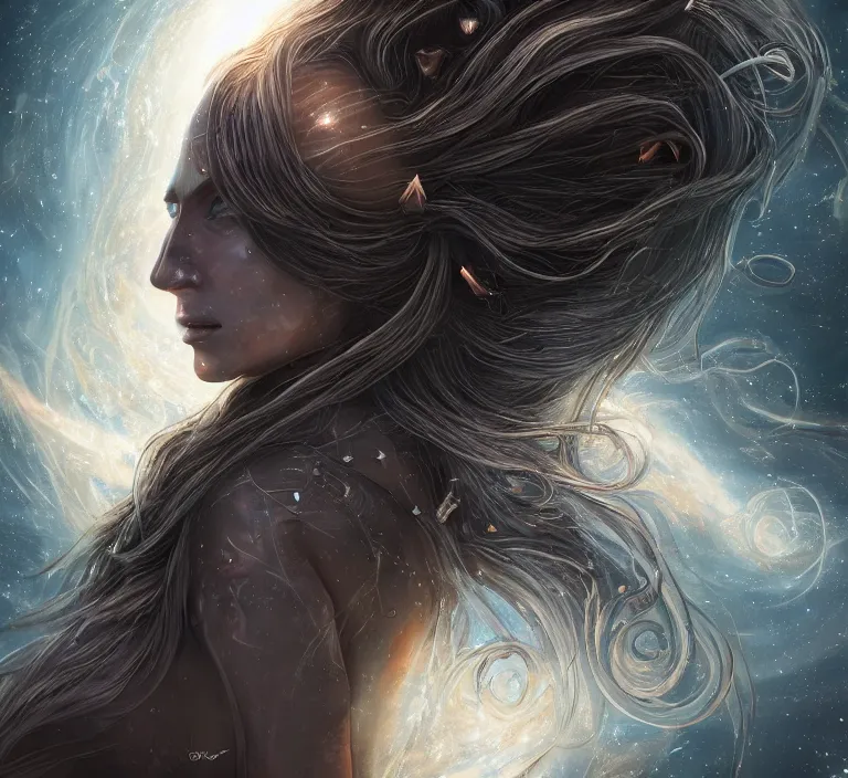 Image similar to beautiful celestial woman with long hair wrapping downward around earth seen for space, hyper-detailed, smooth, sharp focus, depth map, digital painting, apocalyptic art, fantasy dark art, 4k ultra hd, cinematic