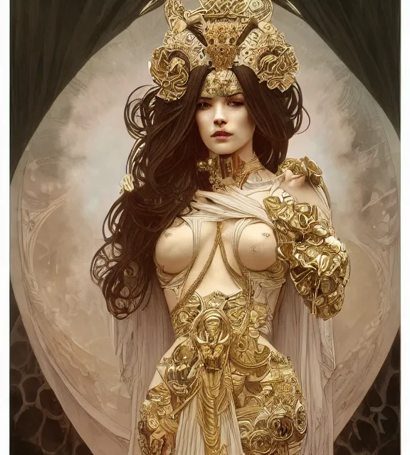 Prompt: god of death and rebirth, elegant dress, very detailed, sat on a throne, very intricate details, elaborate long hairstyle, cinematic, artstation, alphonse mucha, greg rutkowski, rossdraws, octane render