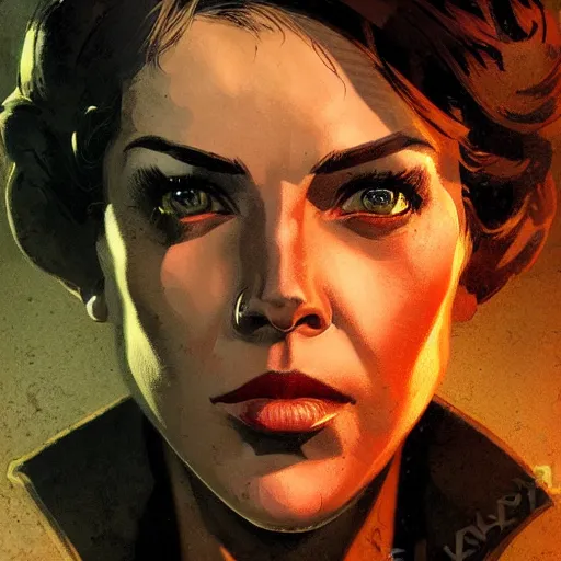 Image similar to fallout 5, concept art brunette rugged authoritarian female enclave officer portrait, concept art, comicstyle, atmospheric lighting, painted, intricate, volumetric lighting, beautiful, rich deep colors masterpiece, sharp focus, ultra detailed by jack kirby, ignacio fernandez rios, thierry doizon