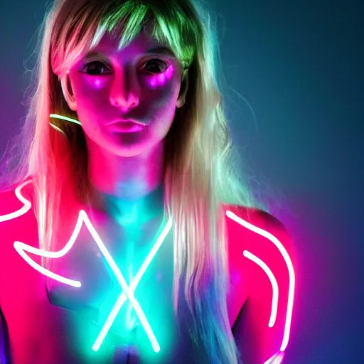 Image similar to a female cyborg humanoid neon lighting