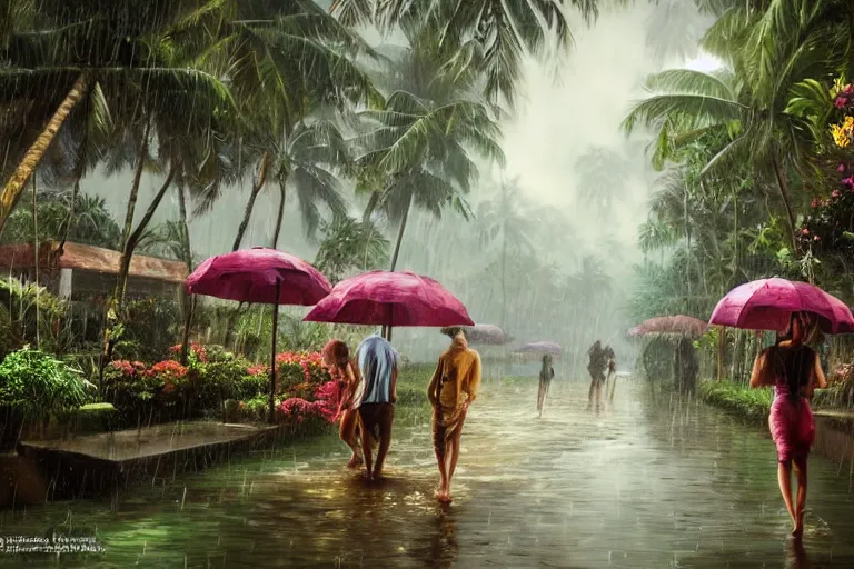 Image similar to ultra realistic illustration, photo, monsoon on tropical island, ornate, beautiful, atmosphere, vibe, mist, coconuts, rain, wet, pristine, puddles, melting, dripping, creek, bridge, forest, roses, flowers, by stanley artgerm lau, thomas kindkade, art gta 5 cover