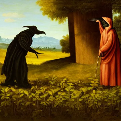 Image similar to a plague doctor picking herbs, golden ratio, morning light, renaissance painting, 8k