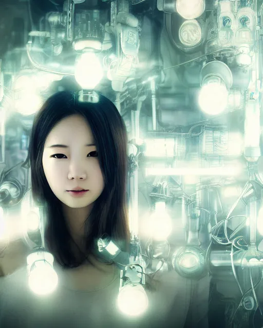Prompt: beautiful centered photo of korean girl as a solarpunk cyborg with white mechanical parts and implanted bright halogen lamps, treading above calm water, ultra - realistic and detailed, by casey baugh, sun lit, white background, bokeh, soft focus, slow exposure hdr 8 k