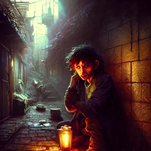 Image similar to Drug addict hobbit smoking crack in a dark alley, ultra realistic, concept art, intricate details, eerie, highly detailed, photorealistic, octane render, 8k, unreal engine, art by artgerm and greg rutkowski and alphonse mucha