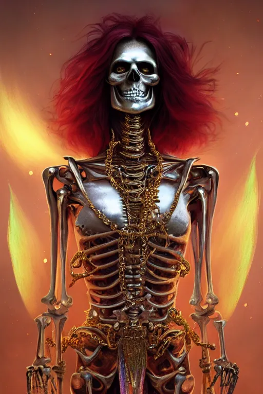 Image similar to androgyne lich skeleton made of iridescent metals and shiny gems covered with blood, long red hair, golden necklace, ultra realistic, concept art, intricate details, highly detailed, photorealistic, octane render, 8 k, unreal engine. dnd art by artgerm and greg rutkowski and alphonse mucha