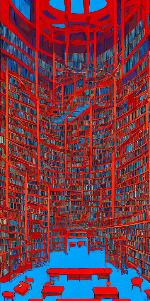 Prompt: magnificent library interior, multi - level, blue and red tones, animated film, stylised, illustration, by eyvind earle, scott wills, genndy tartakovski