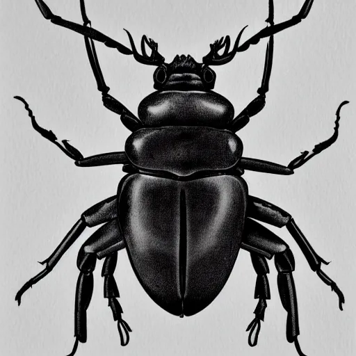 Image similar to black stag beetle full body, black and white, botanical illustration, black ink on white paper, bold lines