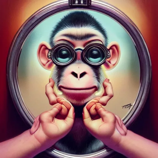 Image similar to lofi monkey in front of a mirror reflecting expression of a human face, symmetrical hands, doctors mirror, Pixar style by Tristan Eaton Stanley Artgerm and Tom Bagshaw, high detail