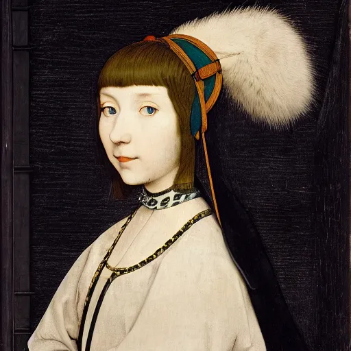 Image similar to a portrait of the young lady hatsune miku of the house lancaster by hans holbein, blue eyes, blue hair, porcelain skin, national portrait gallery, painting