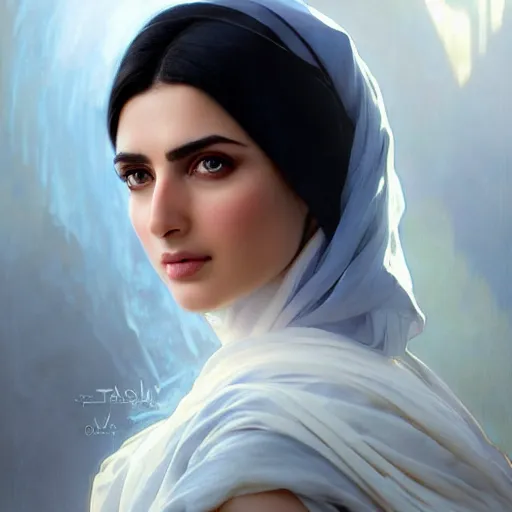 Prompt: a Photorealistic dramatic hyperrealistic,Crystal blue eyes arab ameera al taweel with black hair, white veil,focus face, by WLOP,Artgerm,Greg Rutkowski,Alphonse Mucha, Beautiful dynamic,shadows,Artstation,concept design art,Octane render,8K