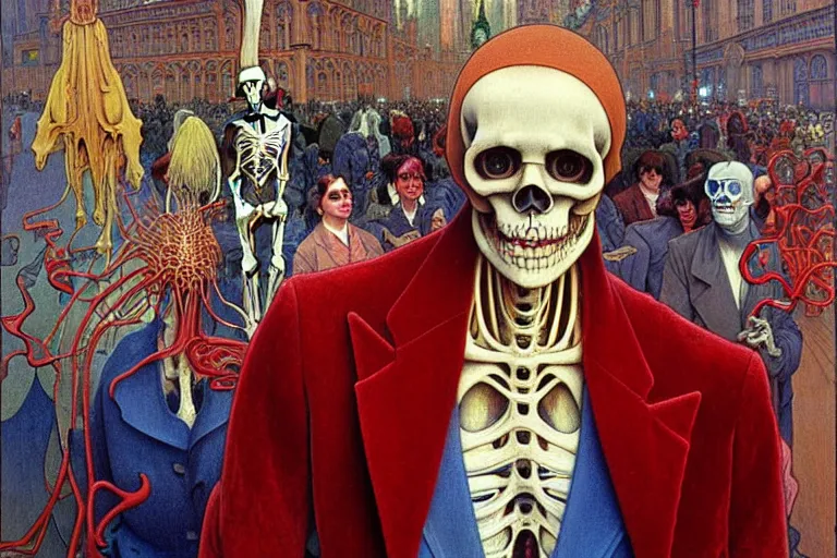 Image similar to realistic detailed portrait painting of a single skeleton wearing red velvet blazer in a crowded futuristic moscow street by Jean Delville, Amano, Yves Tanguy, Alphonse Mucha, Ernst Haeckel, Edward Robert Hughes, Roger Dean, rich moody colours, blue eyes