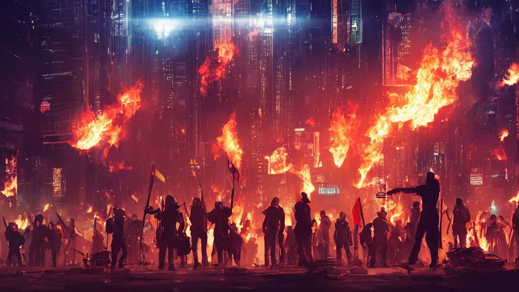 Image similar to angry protesters holding placards, digital illustration by greg rutkowski, fire, android netrunner, nighttime, cyberpunk city background, colored lighting