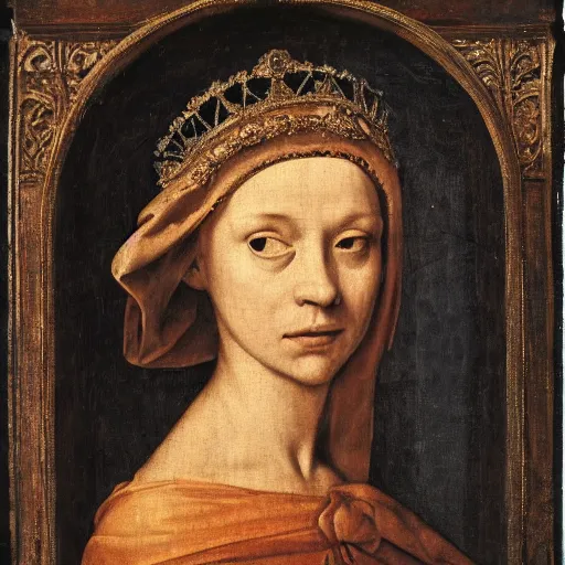 Image similar to a renaissance style portrait of a camel wearing a crown and a cape, dark background