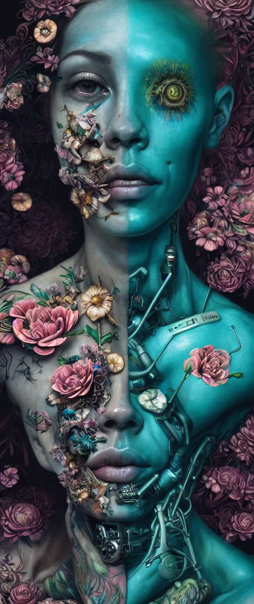 Image similar to hyperrealistic hyper detailed neo-surreal close-up 35mm side portrait of cyborg covered in rococo flower tattoos matte painting concept art hannah yata very dramatic dark teal lighting low angle hd 8k sharp shallow depth of field