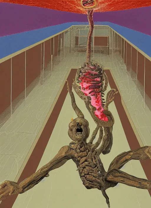 Prompt: a teratoma exploding in the middle of a museum room realizing that he has consciousness painted by hockney