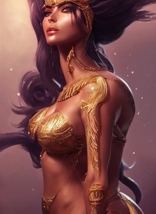 Image similar to a highly detailed illustration of tanned goddess ishtar, elegant seductive pose, intricate, elegant, highly detailed, centered, digital painting, artstation, concept art, smooth, sharp focus, league of legends concept art, wlop