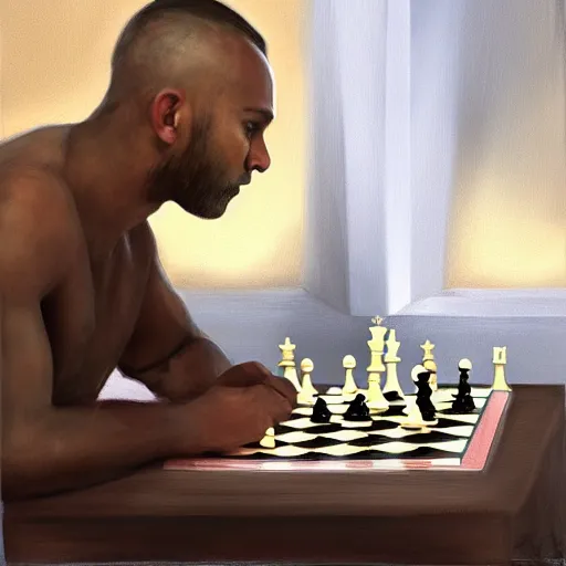 Prompt: knight with mowhawk playing chess, oil painting, soft style, hyperrealism, beautiful, high resolution, trending on artstation